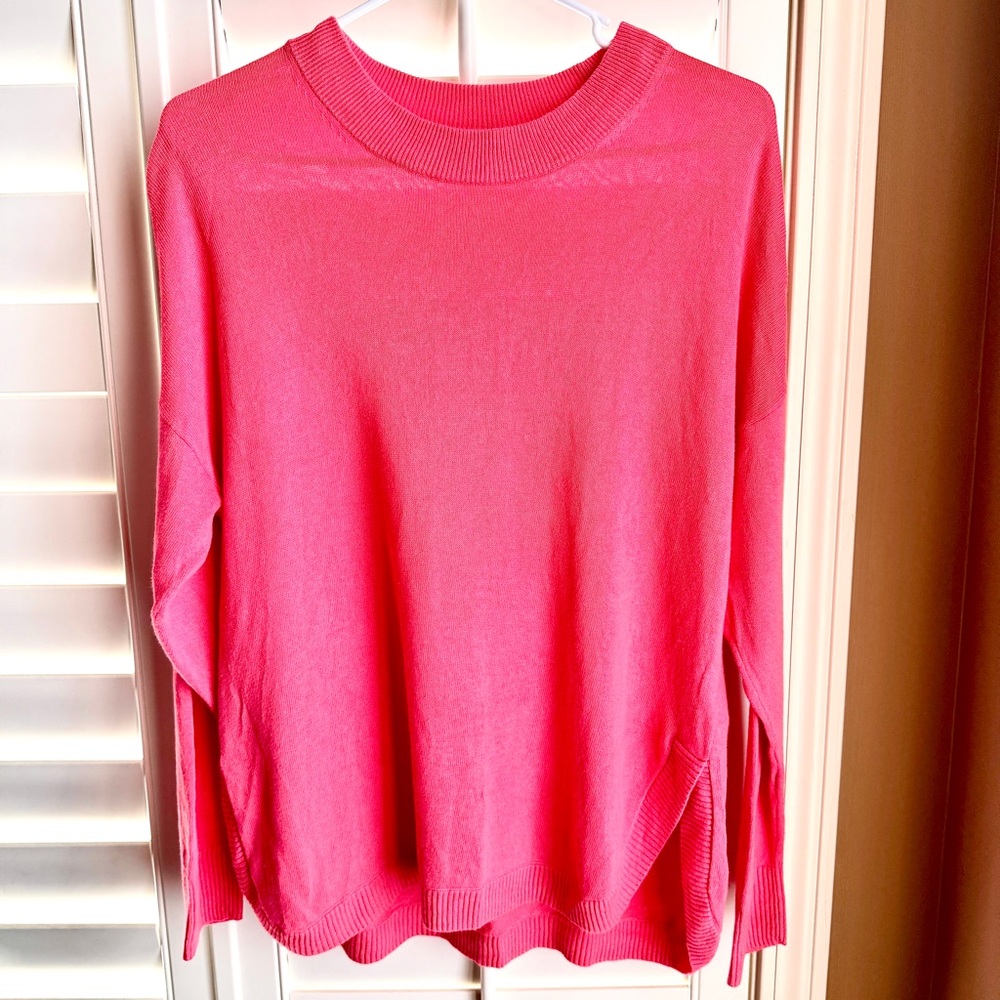 J. Crew Pink Linen Blend Crewneck Sweater Medium Ribbed Side Slits Lightweight